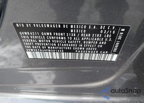 2015 Volkswagen Jetta 2.0L S z USA, uszkodzony, nr VIN 3VW2K7AJ4FM301425